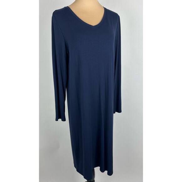 Eileen Fisher Medium Stretch Jersey Knit V-Neck Midi Dress Midnight Navy Blue - Picture 3 of 13